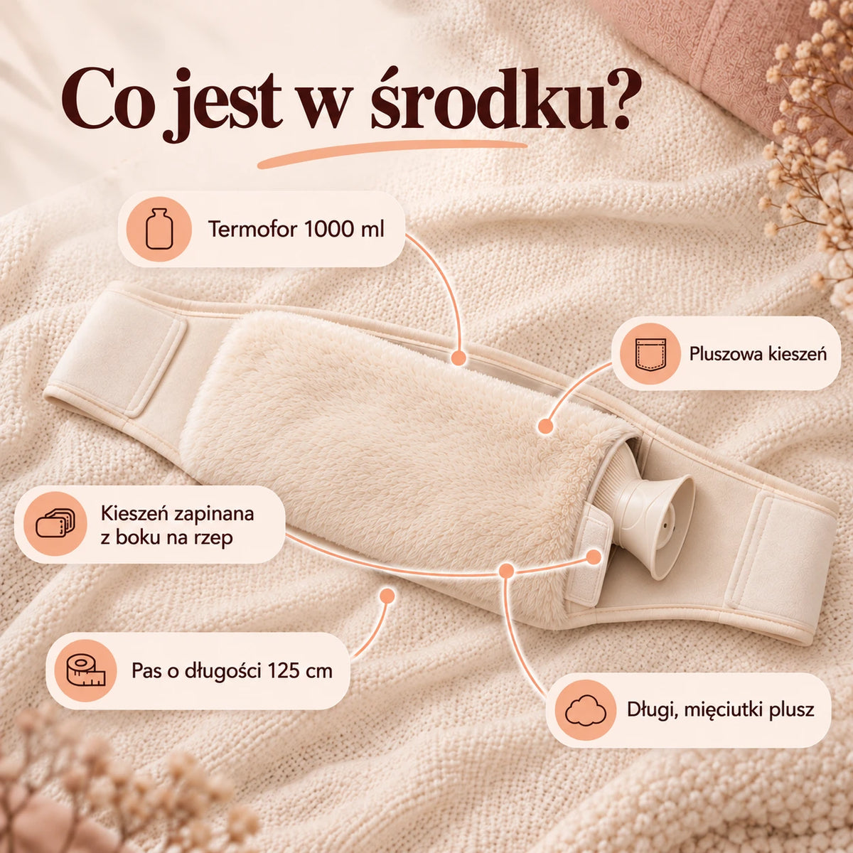 Budowa Otulki: termofor 1000 ml, pluszowa kieszeń zapinana z boku na rzep, pas o długości 125 cm